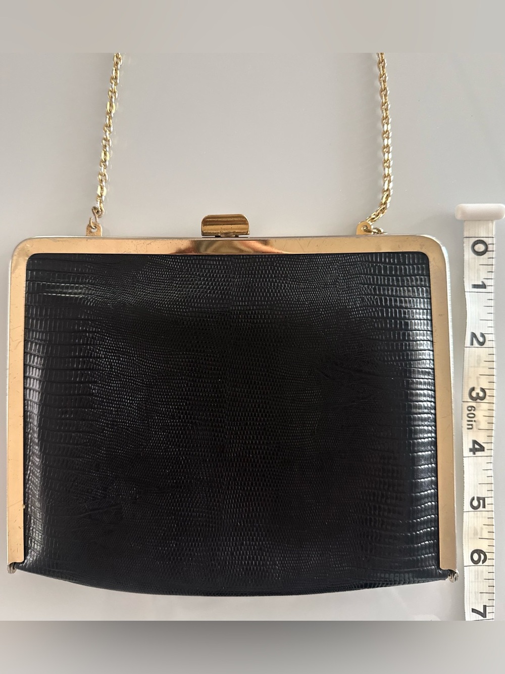 ETRA Vintage Black Lizard Leather Purse Clutch Convertible Handbag Gold Chain - Picture 7 of 7
